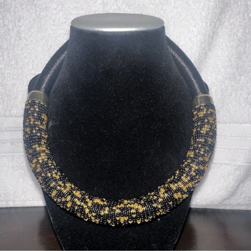 Black and Gold Beaded Collar Necklace - Statement Women's Necklace